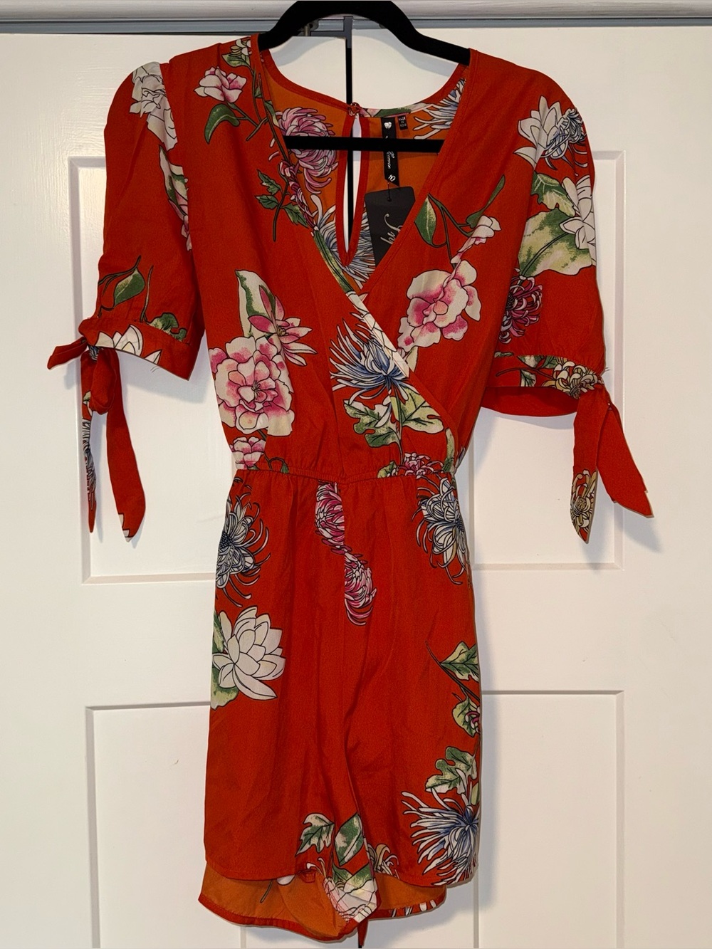 Floral Red Wrap-Style Women's Romper